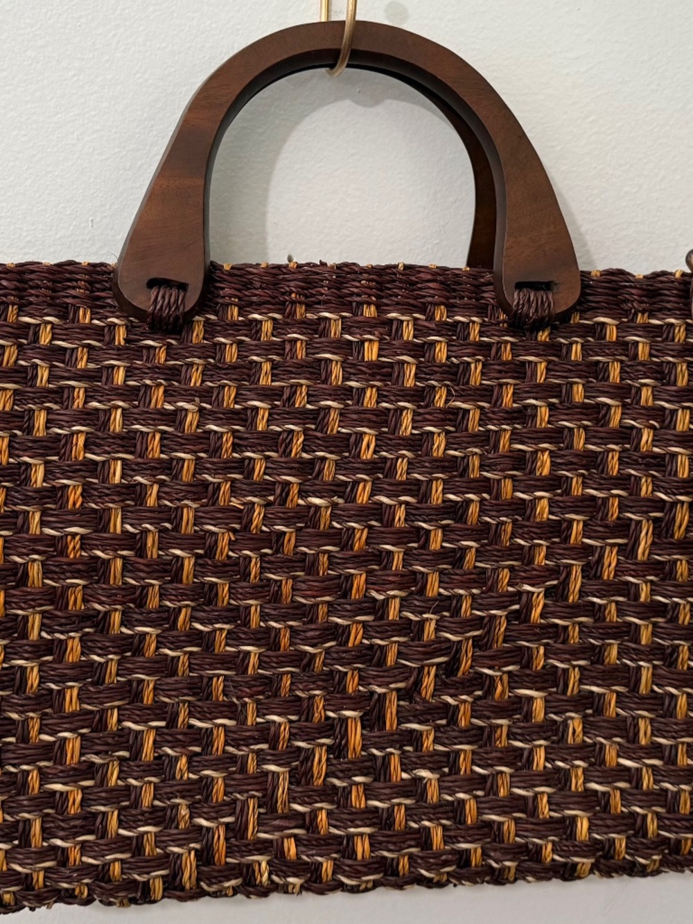 Boho-Chic Chocolate Brown Abaca Woven Bag with Wooden Handle